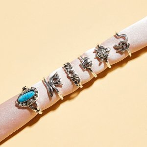 6pcs Turquoise Decor Tortoise & Shell Design Ring