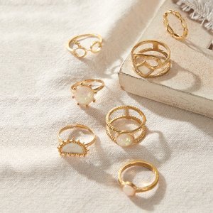 7pcs Hollow Out Gemstone Engraved Ring