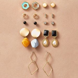 9pairs Hollow Out Geometric & Rhinestone Engraved Earrings Set