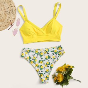 Shein - Adjustable strap top with floral random print high waist bikini