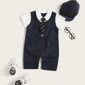 Baby Boy Contrast Panel Jumpsuit With Striped Necktie