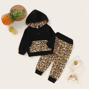 Baby Girl Contrast Pocket Hoodie With Allover Leopard Joggers