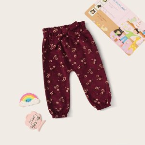 Baby Girl Corduroy Floral Print Belted Pants