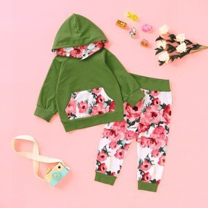 Baby Girl Floral Print Kangaroo Pocket Hoodie & Sweatpants