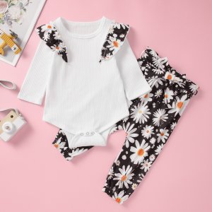 Baby Girl Floral Print Ruffle Trim Romper & Belted Pants