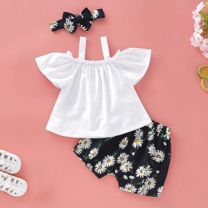 Baby Girl Frill Top & Allover Floral Print Shorts & Headband