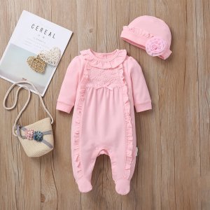 Baby Girl Frill Trim Popper Jumpsuit With Hat