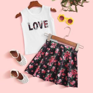 Baby Girl Letter Graphic Tank & Allover Floral Skirt