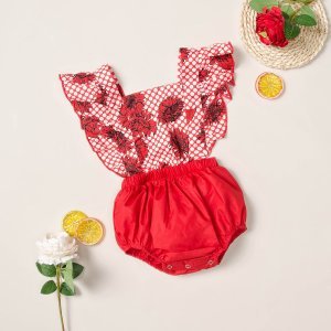 Baby Girl Polka Dot Floral Ruffle Trim Overall Bodysuit
