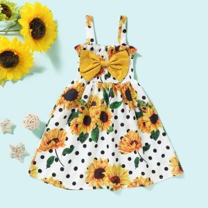 Baby Girl Sunflower & Polka Dot Shirred Detail Dress
