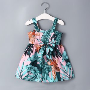 Baby Girl Tropical Print Bow Front Shirred Babydoll Dress