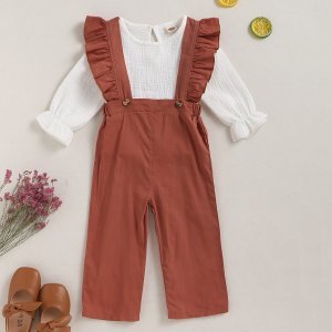 Baby Girl Wrinkled Blouse With Ruffle Suspender Pants