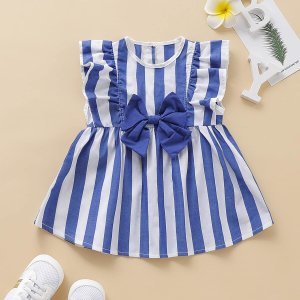 Baby Striped Ruffle Trim Bow Front Dress