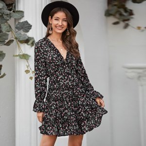 Shein - Backless layered frilled trim floral print dress