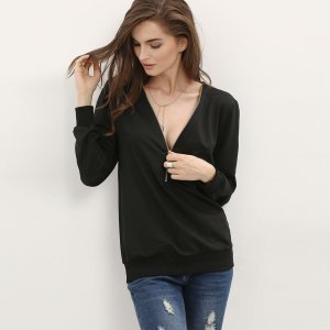 Black Zipper V Neck Plain Sweatshirt