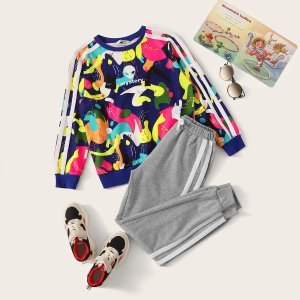 Boys Allover Print Striped Side Pullover and Sweatpants Set
