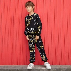 Shein - Boys baroque and letter print sweatshirt and sweatpants set