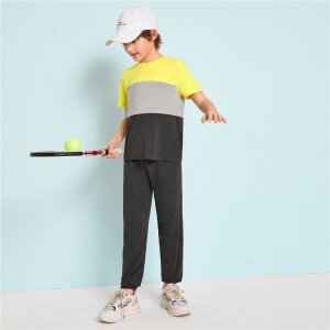 Boys Heather Knit Panel Colorblock Tee and Joggers Set
