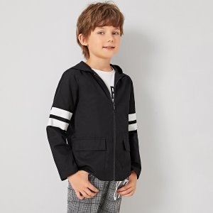 Boys Zip Up Flap Pocket Striped Sleeve Hooded Jacket