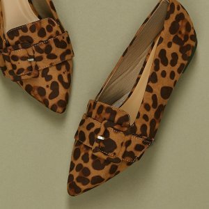 Buckle Accent Pointy Toe Leopard Flats