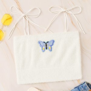 Butterfly Embroidered Fuzzy Knotted Knit Top