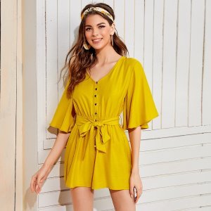 Shein - Button front belted solid romper