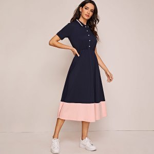 Button Front Colorblock Striped Polo Dress