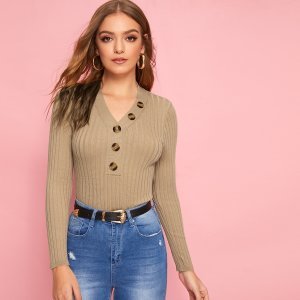 Button Front Rib-knit Slim Sweater