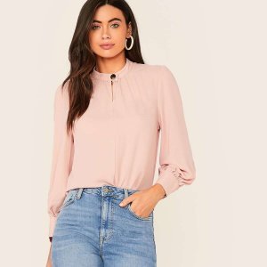 Buttoned Neck Puff Sleeve Top