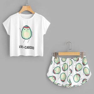 Cartoon Avocado Print Tee And Shorts Set