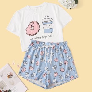 Cartoon & Letter Graphic Pajama Set