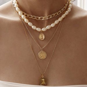 Coin & Faux Pearl Decor Necklace 3pcs