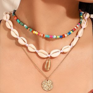 Shein - Coin & shell decor necklace 3pcs