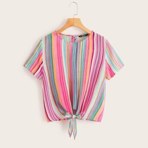 Shein - Colorful striped knotted front top