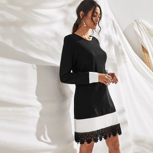 Shein - Contrast guipure lace color-block tunic dress