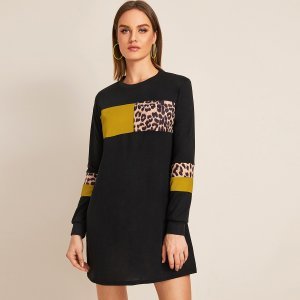 Contrast Leopard Color-Block Sweatshirt Dress