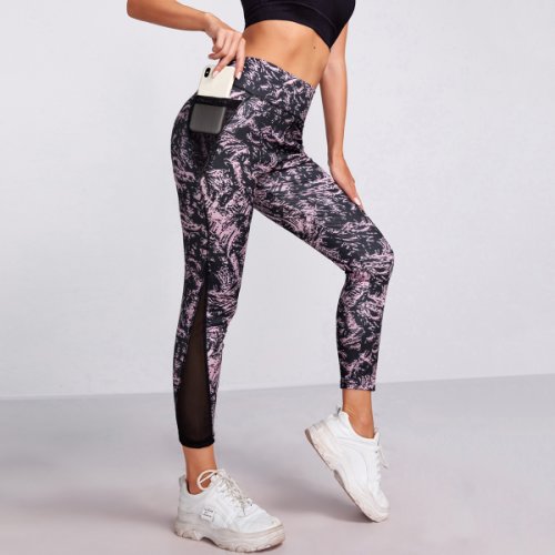 Contrast mesh Graphic Sports Leggings With Phone Pocket