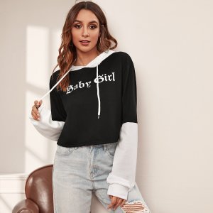 Contrast Panel Letter Graphic Drawstring Hoodie