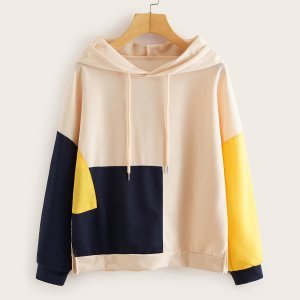 Shein - Contrast panel split side drawstring hoodie