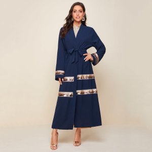 Contrast Sequin Belted Abaya