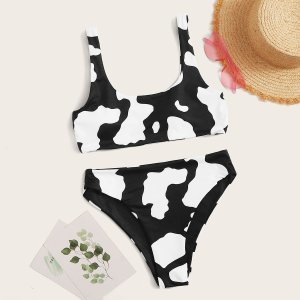 Shein - Cow pattern high waist bikini swimsuit
