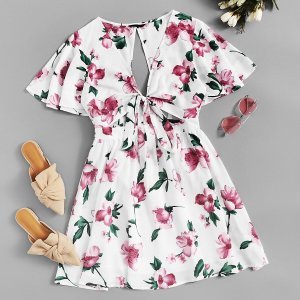 Shein - Cutout back knot front flutter sleeve floral dress