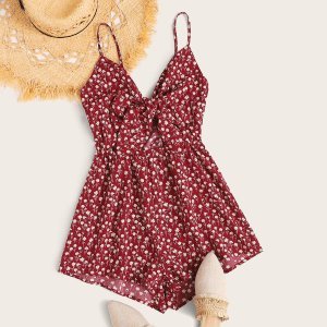 Shein - Ditsy floral bow tie front peekaboo cami romper