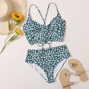 Ditsy Floral Lace-up Back Bikini Swimsuit