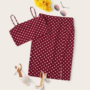 Dot Print Cami Crop Top & Split Hem Skirt Set