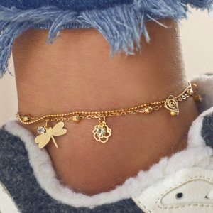 Dragonfly & Flower Charm Layered Chain Anklet