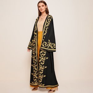 Drop Shoulder Bell Sleeve Baroque Print Belted Abaya