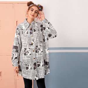 Shein - Drop shoulder newspaper print blouse