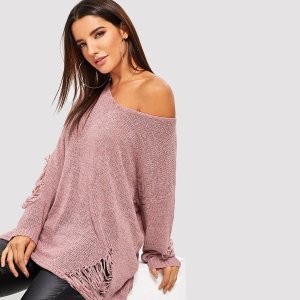 Drop Shoulder Ripped Sweater