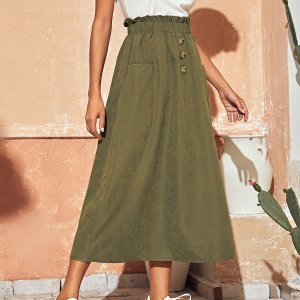 Shein - Dual pockets button front paperbag waist skirt